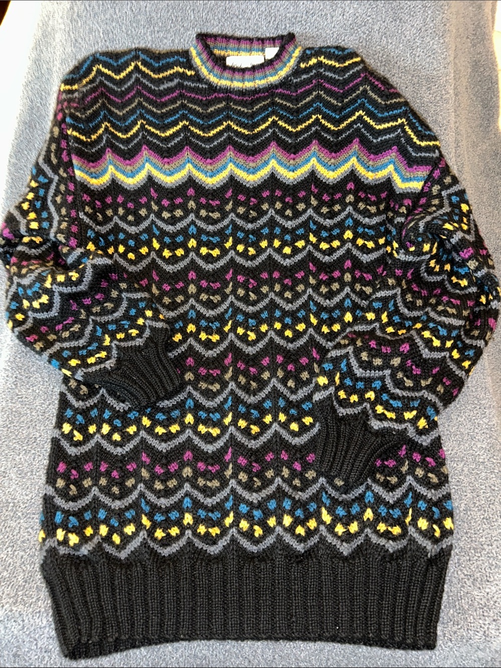 Saks Fifth Avenue Vintage Crewneck Sweater with Yellow Blue Purple 100% wool